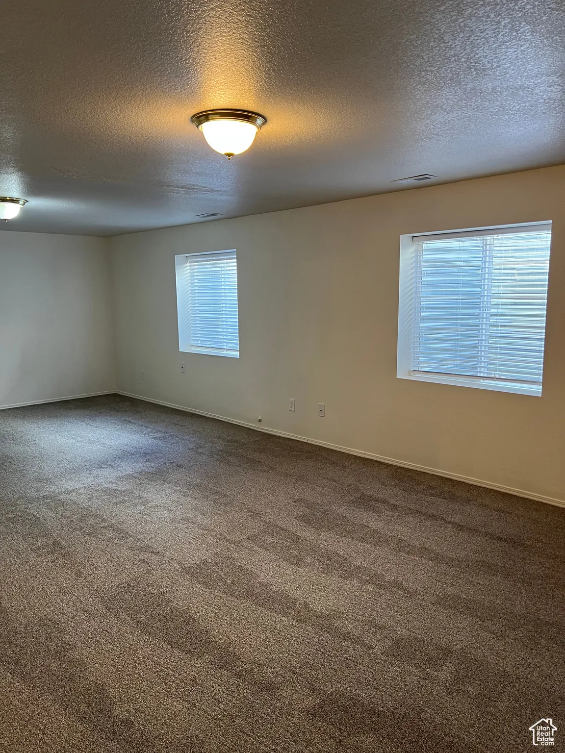 Carpeted family room featuring plenty of natural light and a textured ceiling