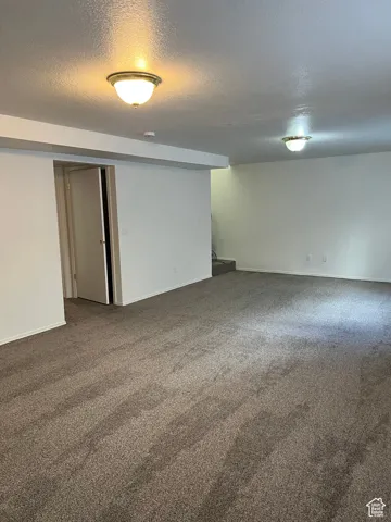 Large family room in basement featuring a textured ceiling and carpet floors