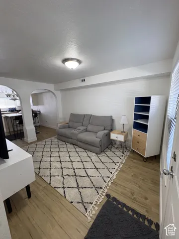 Open-concept living area featuring wood-finish LVP flooring, and arched doorways