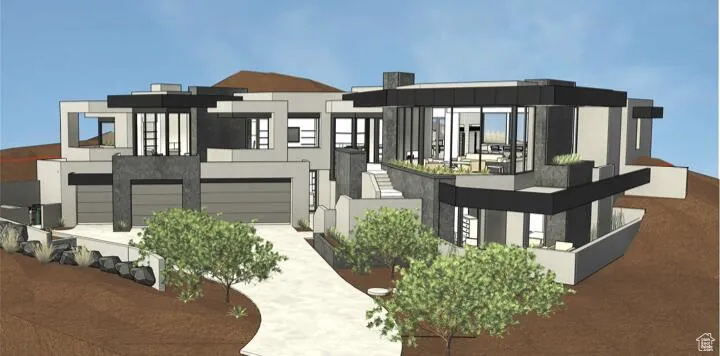Contemporary home featuring driveway, a balcony, a garage, and stucco siding