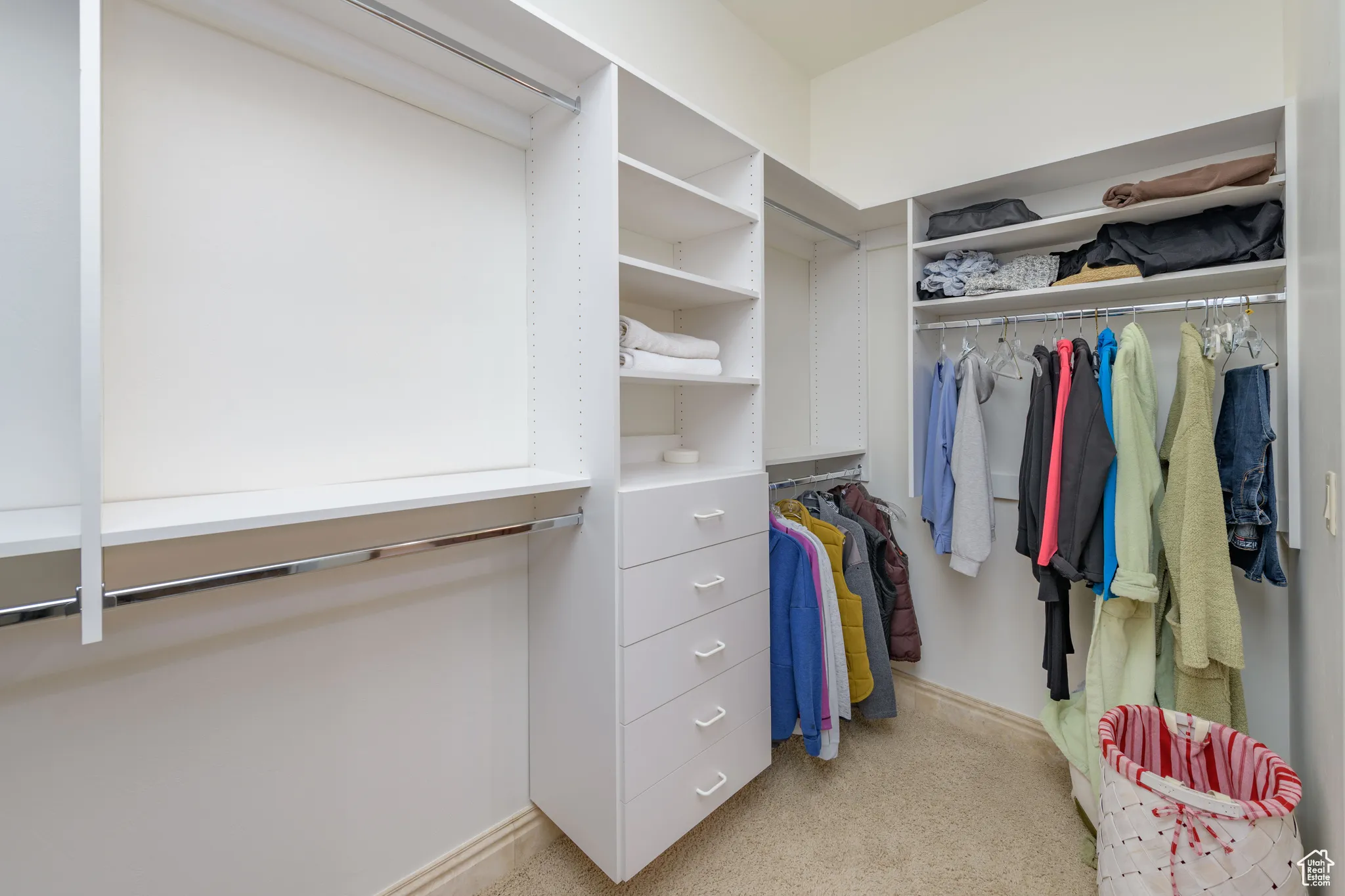 Spacious closet featuring light colored carpet