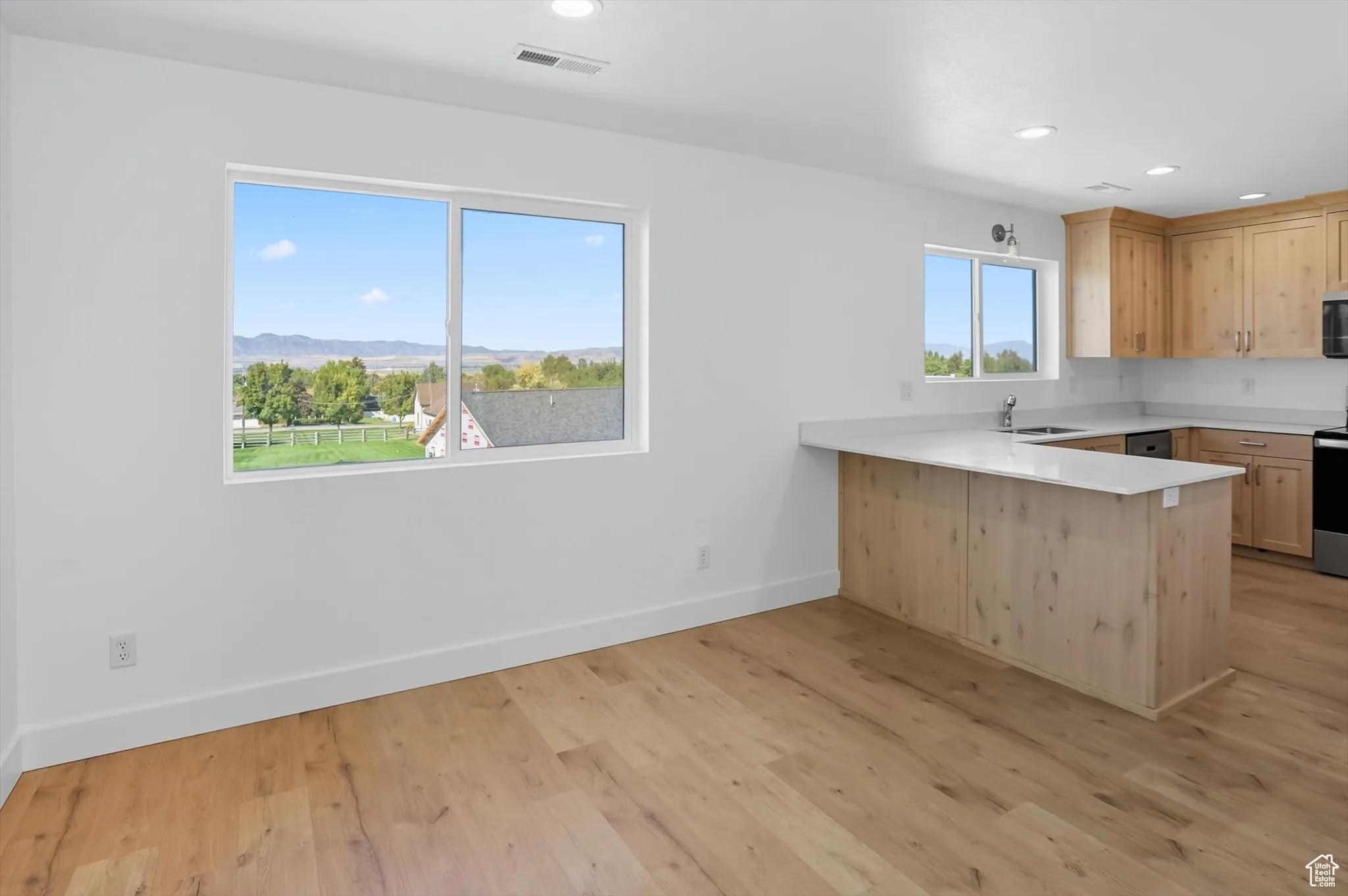 Kitchen featuring a peninsula, light brown cabinets, light wood-type flooring, recessed lighting, and stainless steel appliances