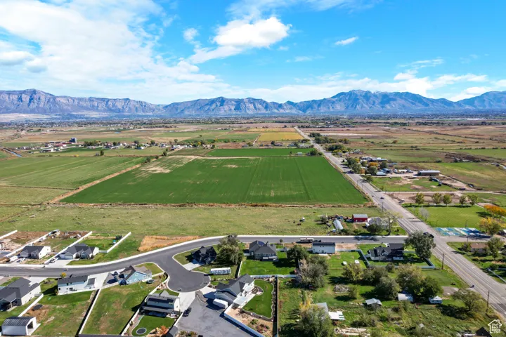 Overview of rural landscape with a mountain backdrop
