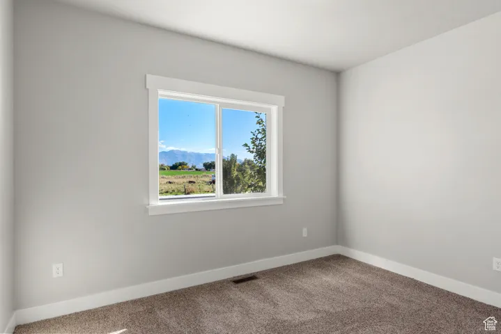 Carpeted bedroom featuring a mountain view