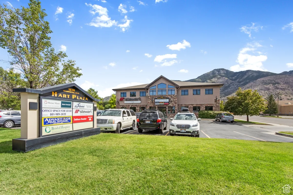 Exterior space with a mountain backdrop