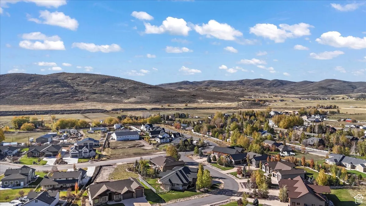 Aerial perspective of suburban area with a mountainous background