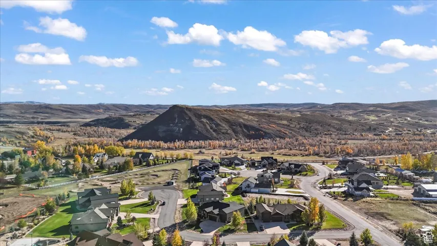 Aerial view of residential area with mountains