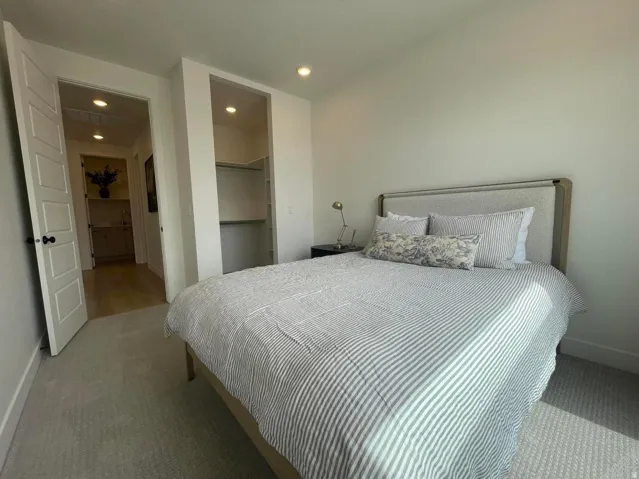 Recessed lighting, light-toned carpeting, and an open closet with shelving