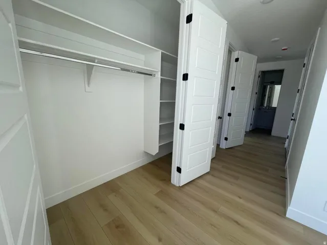 Walk-in closet with built-in shelving, hanging rod, and wood-finish flooring