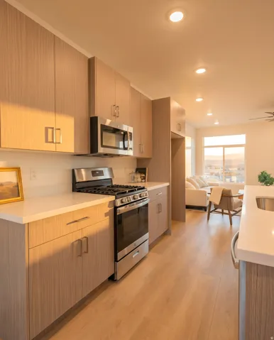 Modern kitchen with light wood-finish cabinetry, stainless steel appliances, and recessed lighting