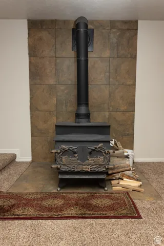 Detailed view of carpet floors and a wood stove