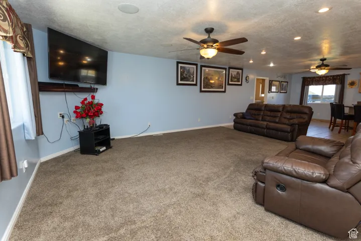 Living area with carpet, a textured ceiling, and ceiling fan