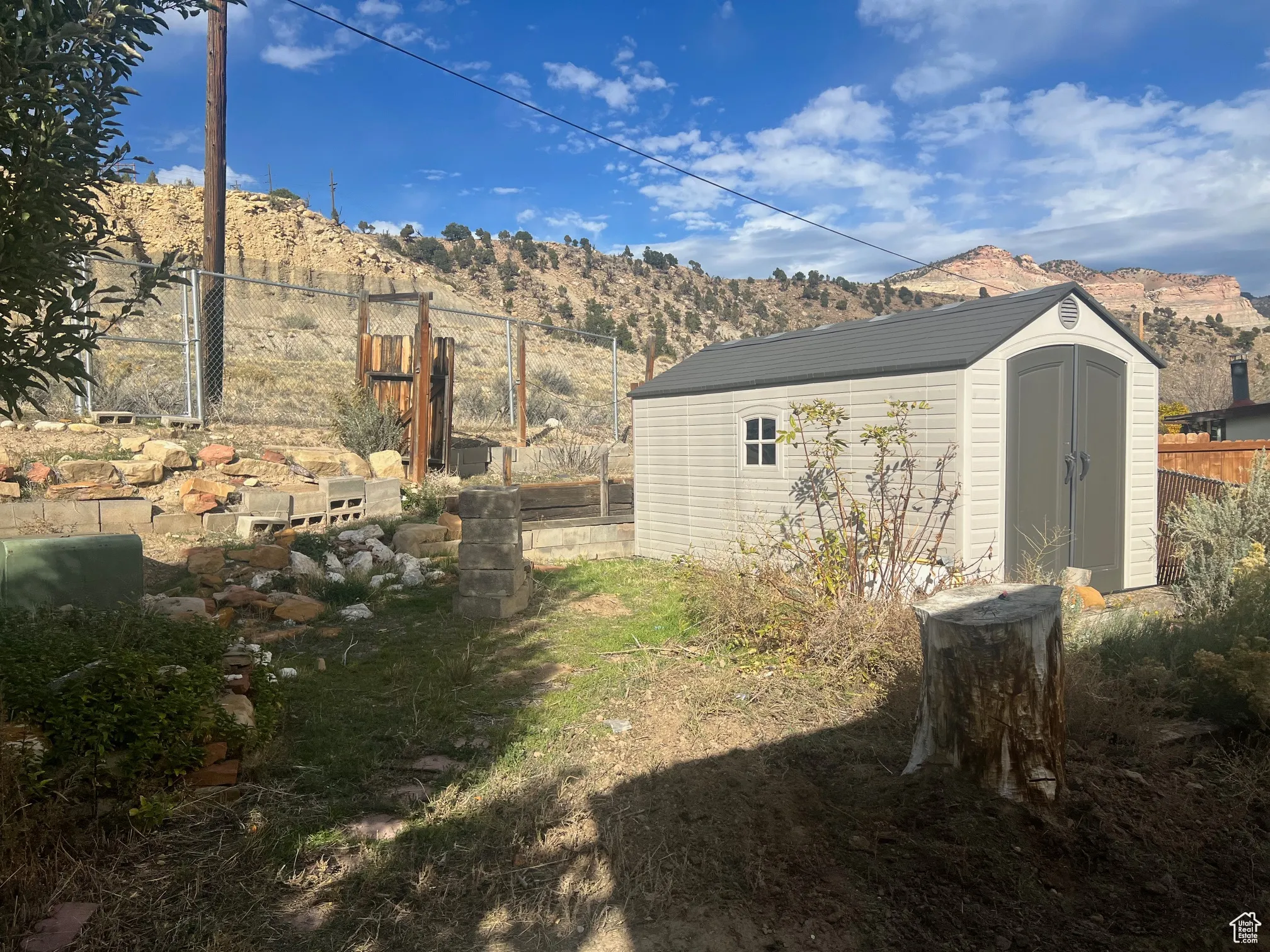 View of yard with a storage shed and a mountain view