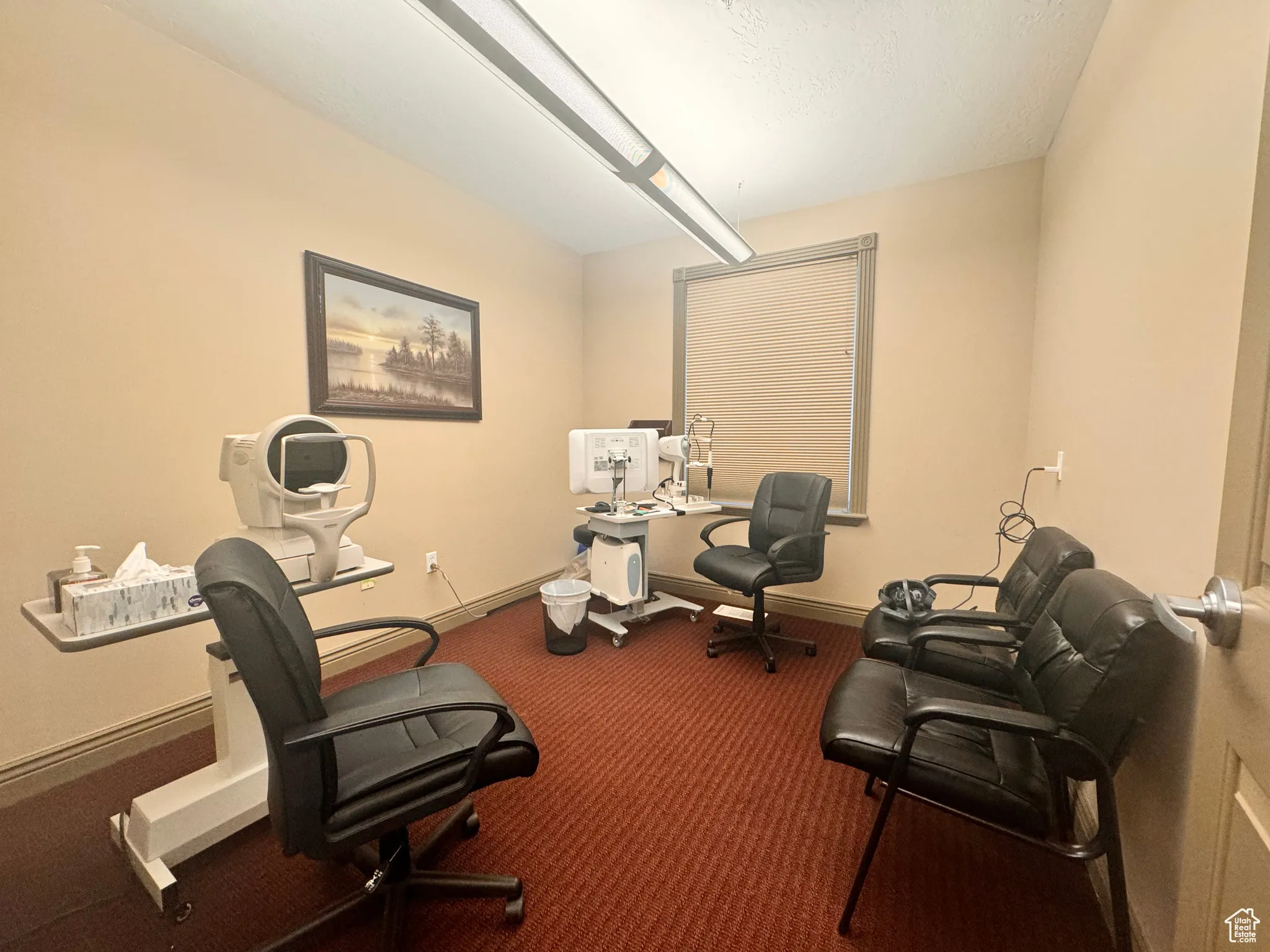 Misc room with carpet floors and a textured ceiling