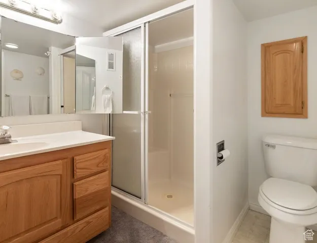 Bathroom featuring vanity, a shower stall, and dark tile patterned flooring