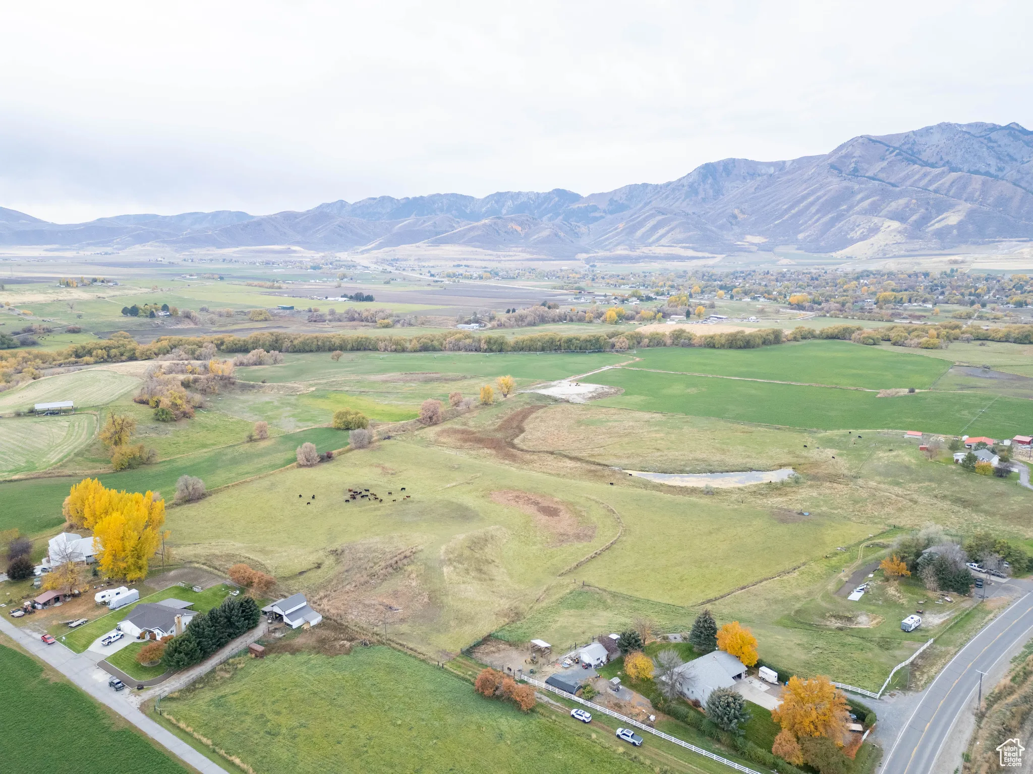 Aerial overview of property's location with a mountain backdrop