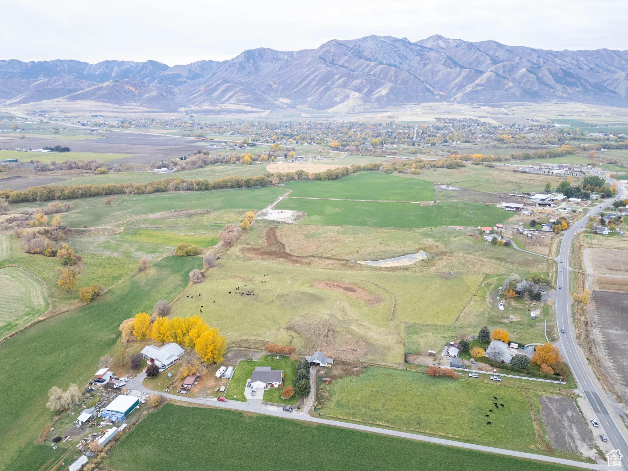 Aerial view of property and surrounding area with a mountainous background