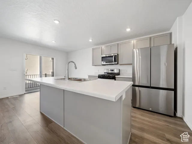 Kitchen with gray cabinetry, light countertops, appliances with stainless steel finishes, an island with sink, and light wood-style flooring