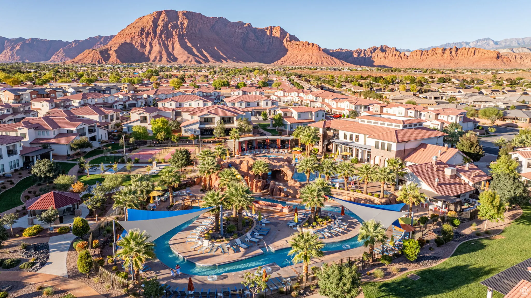 Aerial view of residential area with mountains