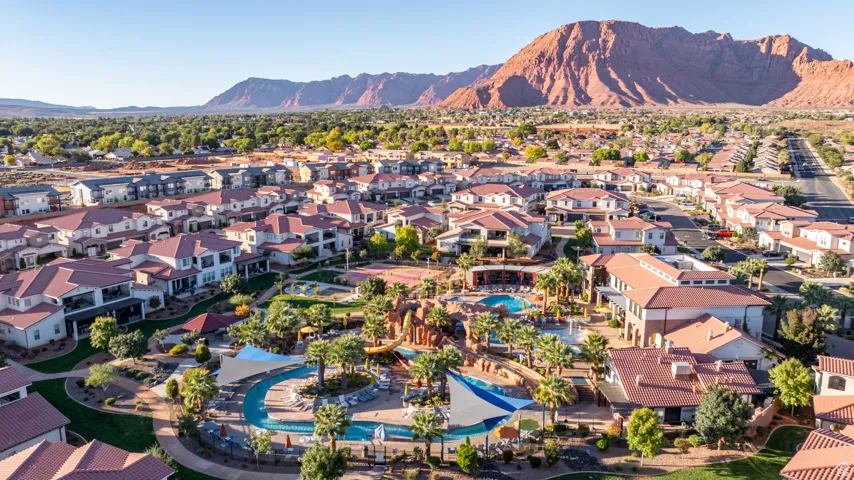 Aerial perspective of suburban area with mountains