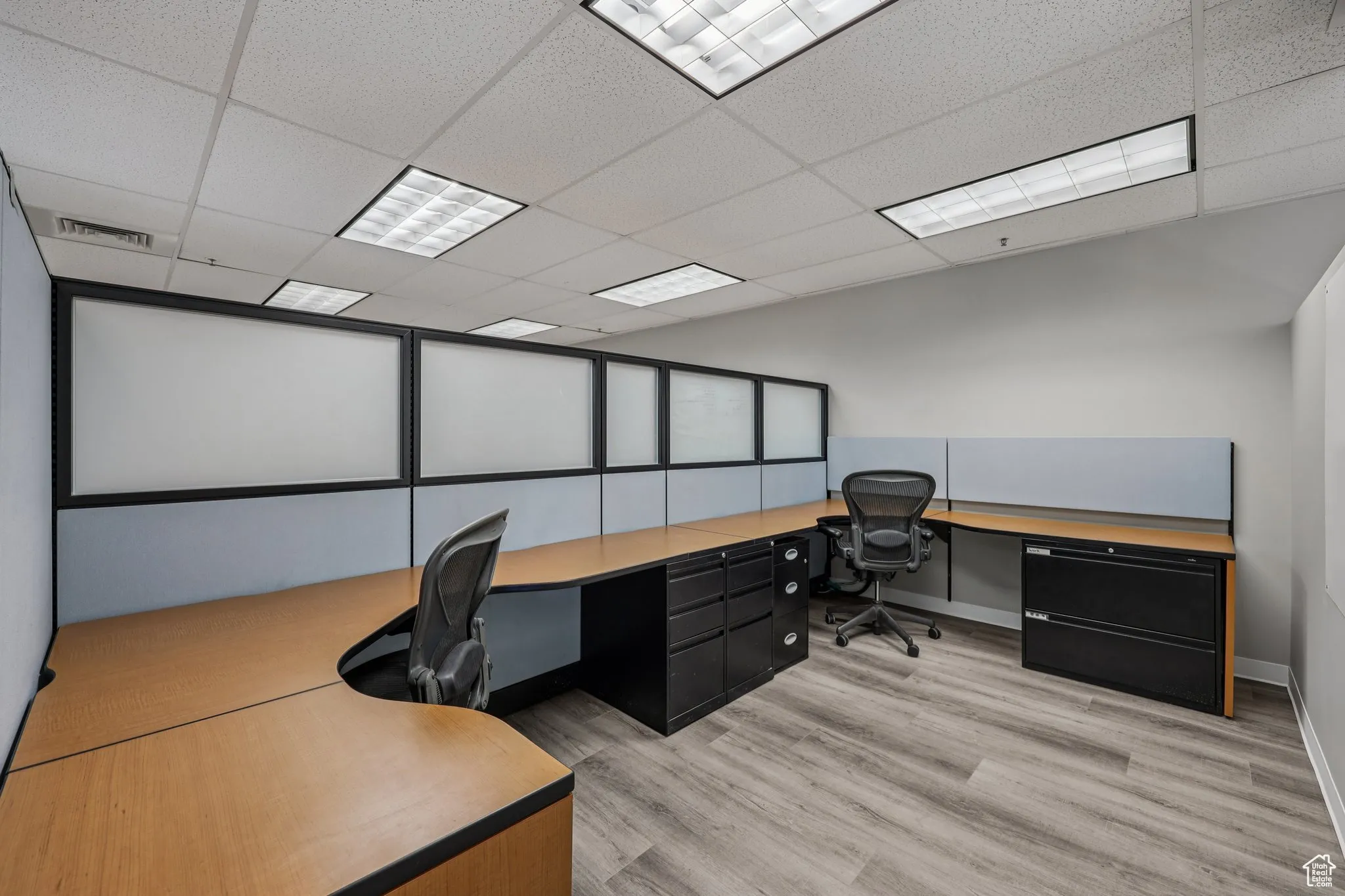 Office featuring a drop ceiling, light wood finished floors, and built in desk
