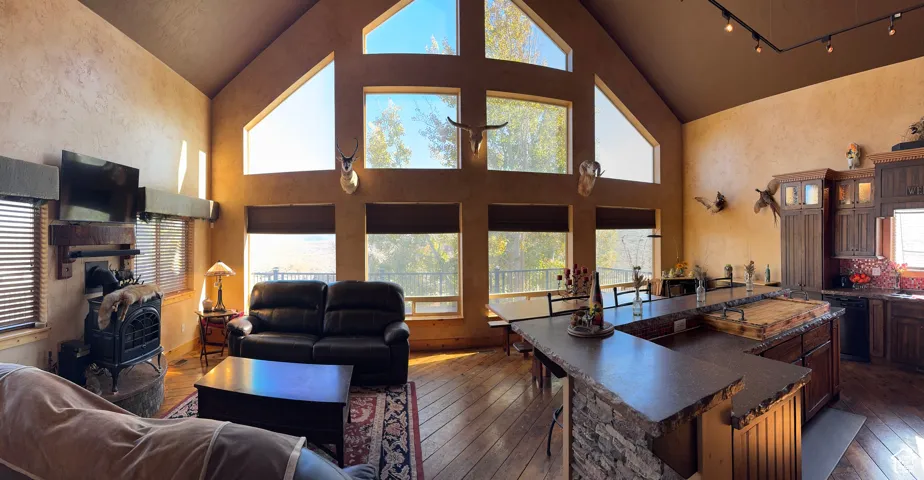 Living area with dark wood-style flooring, high vaulted ceiling, healthy amount of natural light, and rail lighting