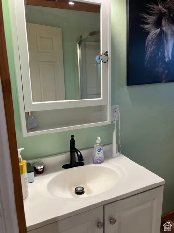Bathroom with vanity and a shower with shower door