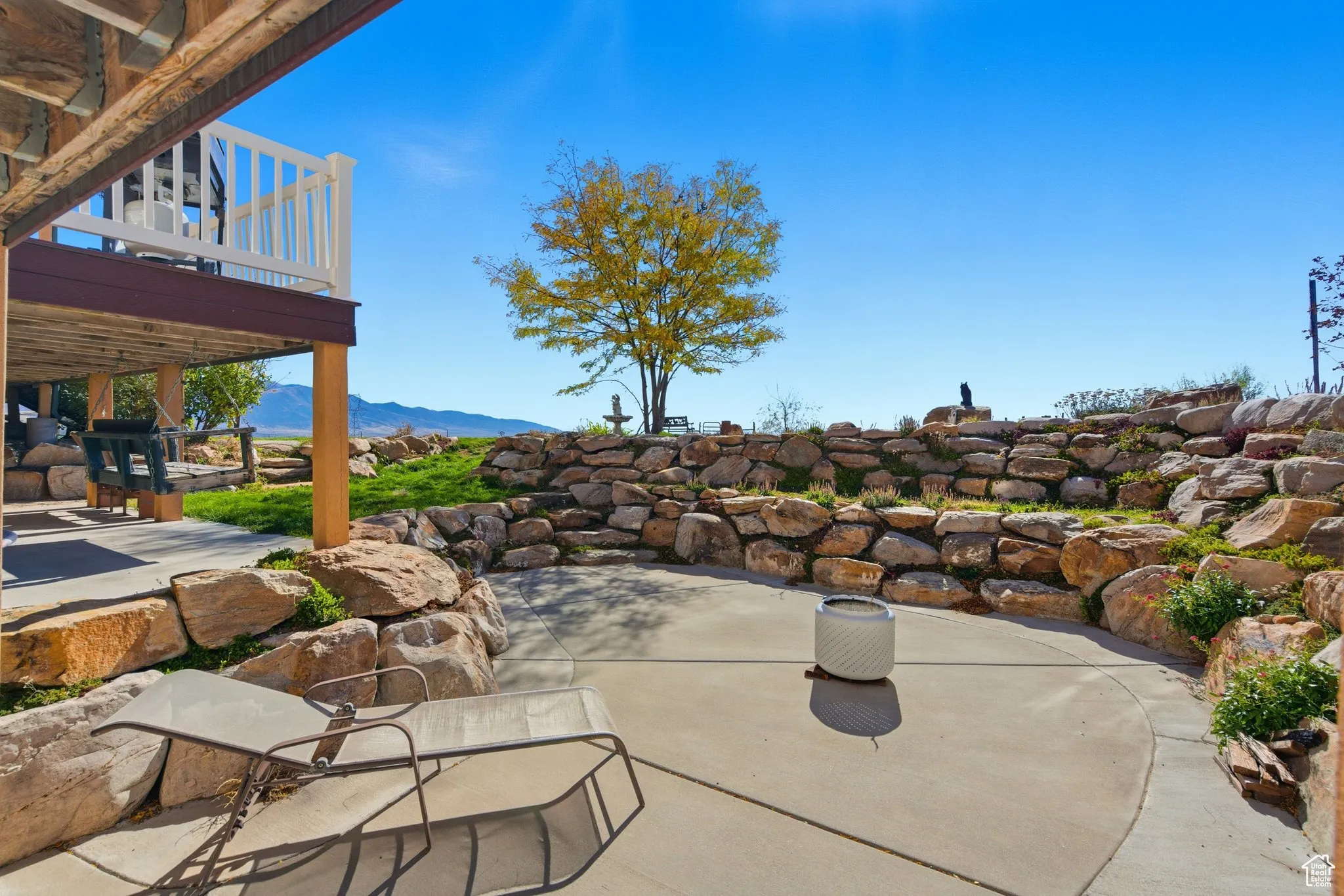 View of patio featuring a mountain view.