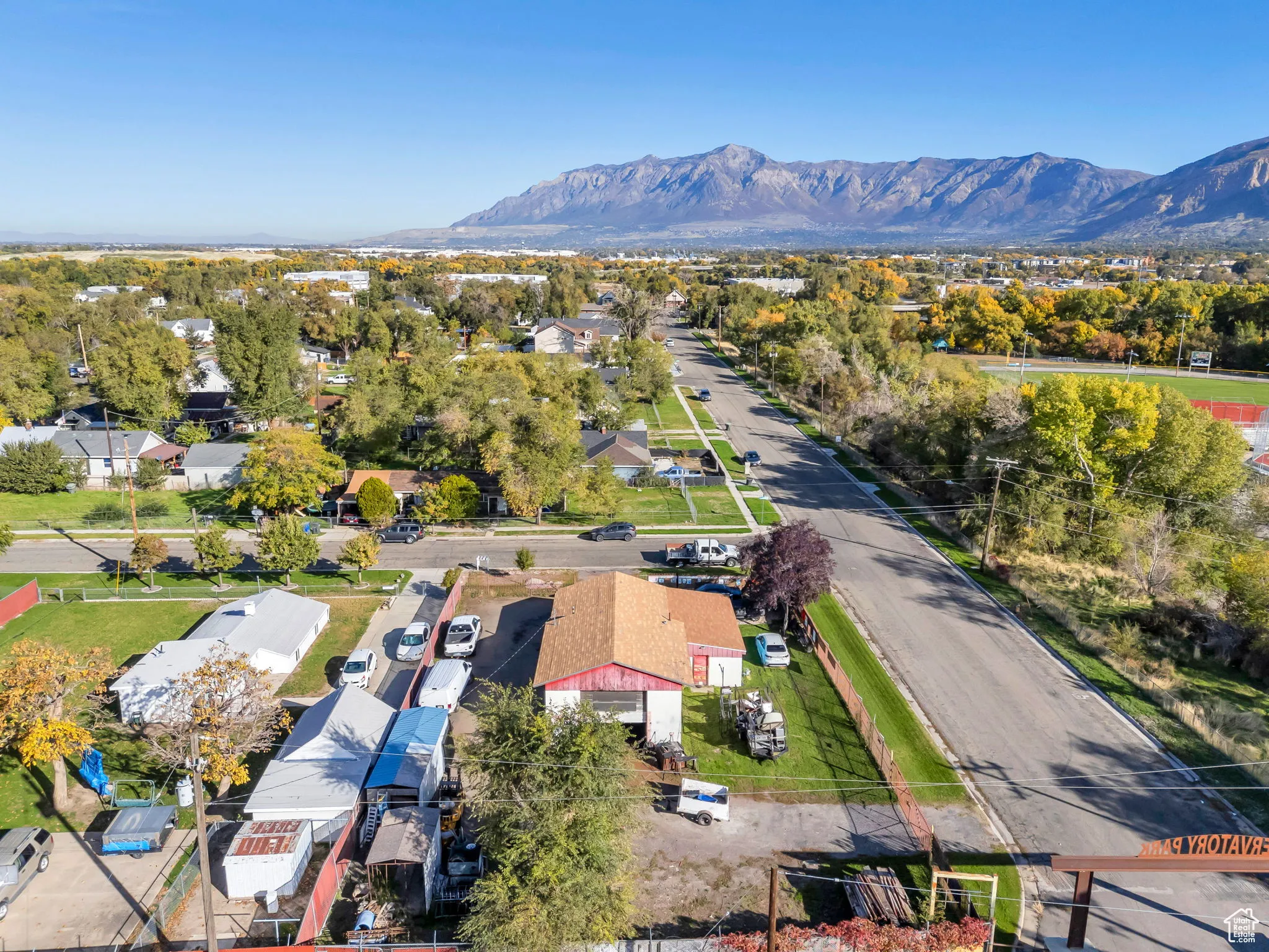 Aerial perspective of suburban area featuring mountains