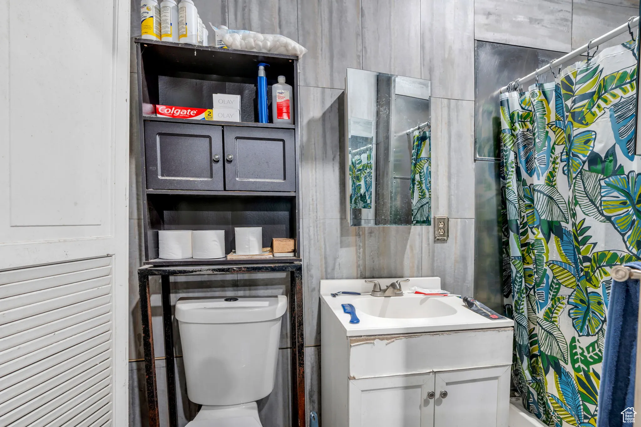 Full bathroom featuring vanity and a shower with shower curtain