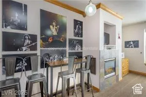 Bar area with a fireplace, built in shelves, and hanging light fixtures