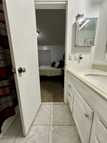 Bathroom with vanity, ensuite bathroom, a shower with curtain, light tile patterned floors, and light carpet