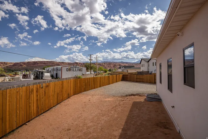Fenced backyard with a mountain view