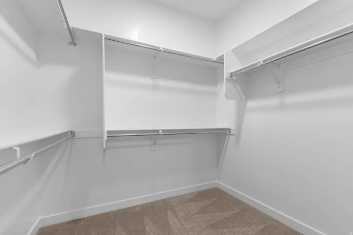 Walk in closet featuring light colored carpet