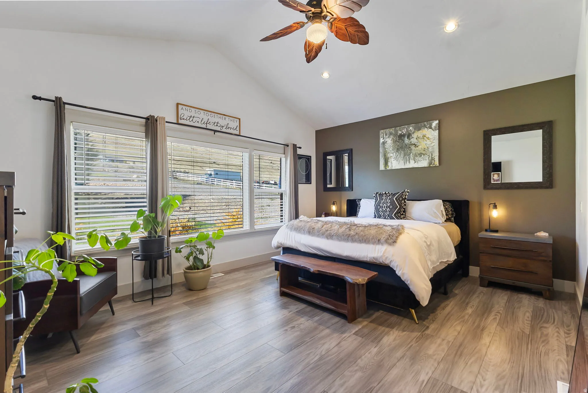 Primary Bedroom featuring vaulted ceiling, a ceiling fan, and recessed lighting