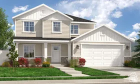 Craftsman-style house featuring covered porch, board and batten siding, concrete driveway, an attached garage, and a front lawn