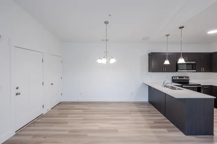 Kitchen with a peninsula, dark wood finish cabinets, stainless steel appliances, light wood-style flooring, and a chandelier