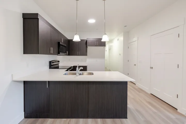 Kitchen featuring dark wood finish cabinets, a peninsula, hanging light fixtures, stainless steel appliances, and light wood-type flooring