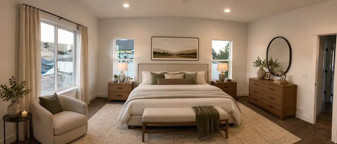 Virtually staged spacious bedroom featuring light-colored walls and recessed lighting
