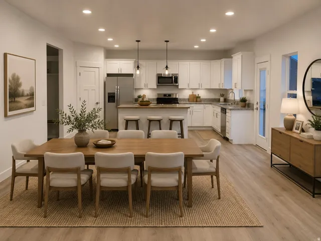 Virtually staged open-concept living space featuring wood-finish flooring, recessed lighting, and white walls