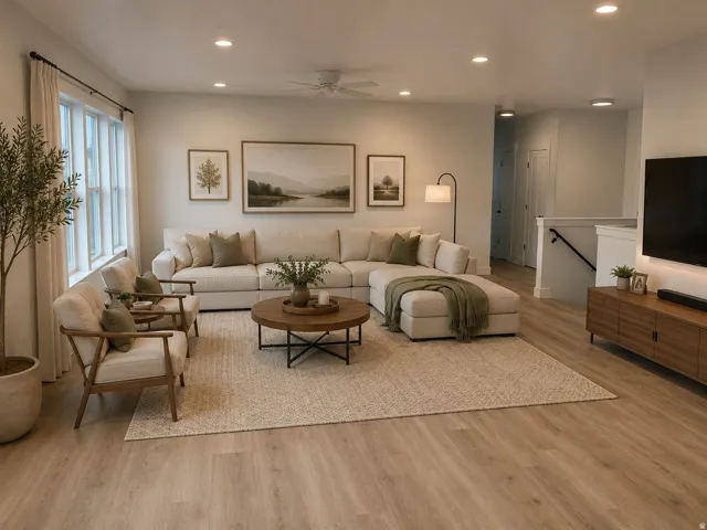 Virtually staged spacious living area featuring light wood-finish flooring, recessed lighting, and a ceiling fan