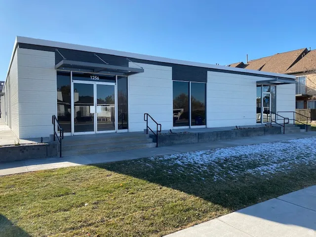 Back of property with entry steps, a yard, and a patio