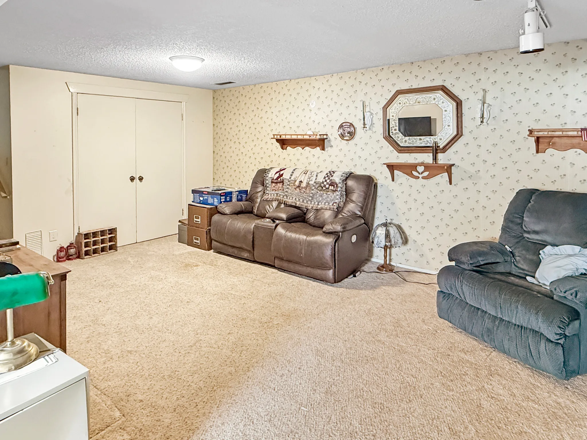 Living room with carpet floors and a textured ceiling