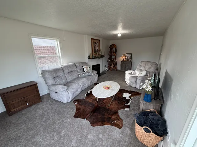 Carpeted living area featuring a fireplace.