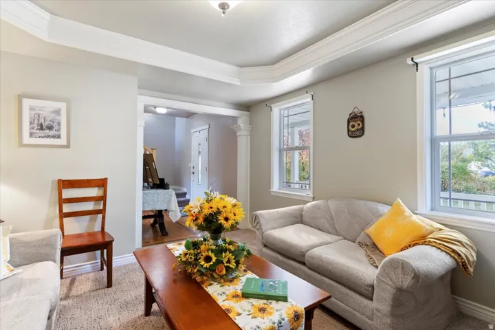 Living room with crown molding and a raised ceiling