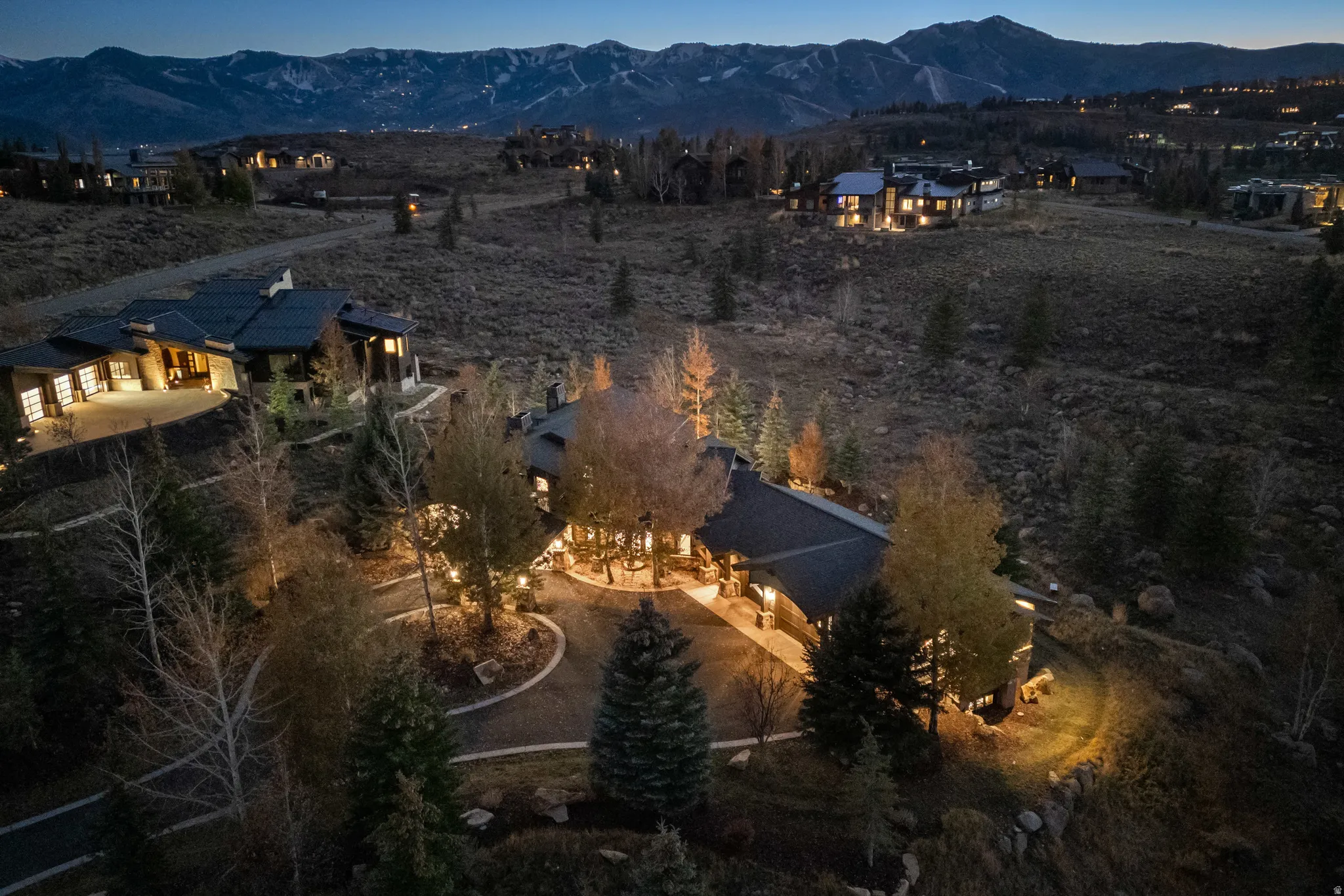 Aerial view at dusk of a mountain view