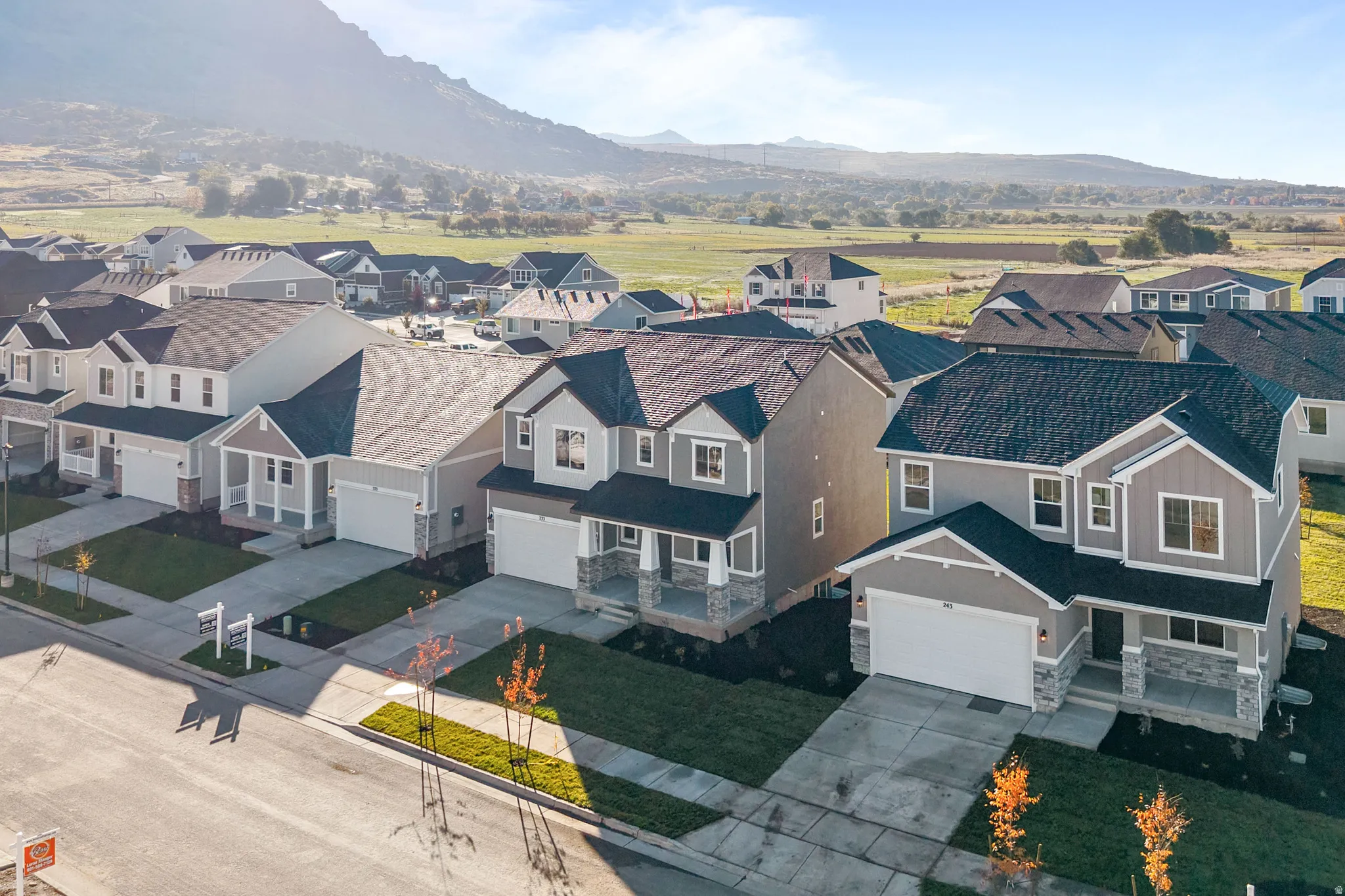 Aerial view of residential area with a mountain backdrop