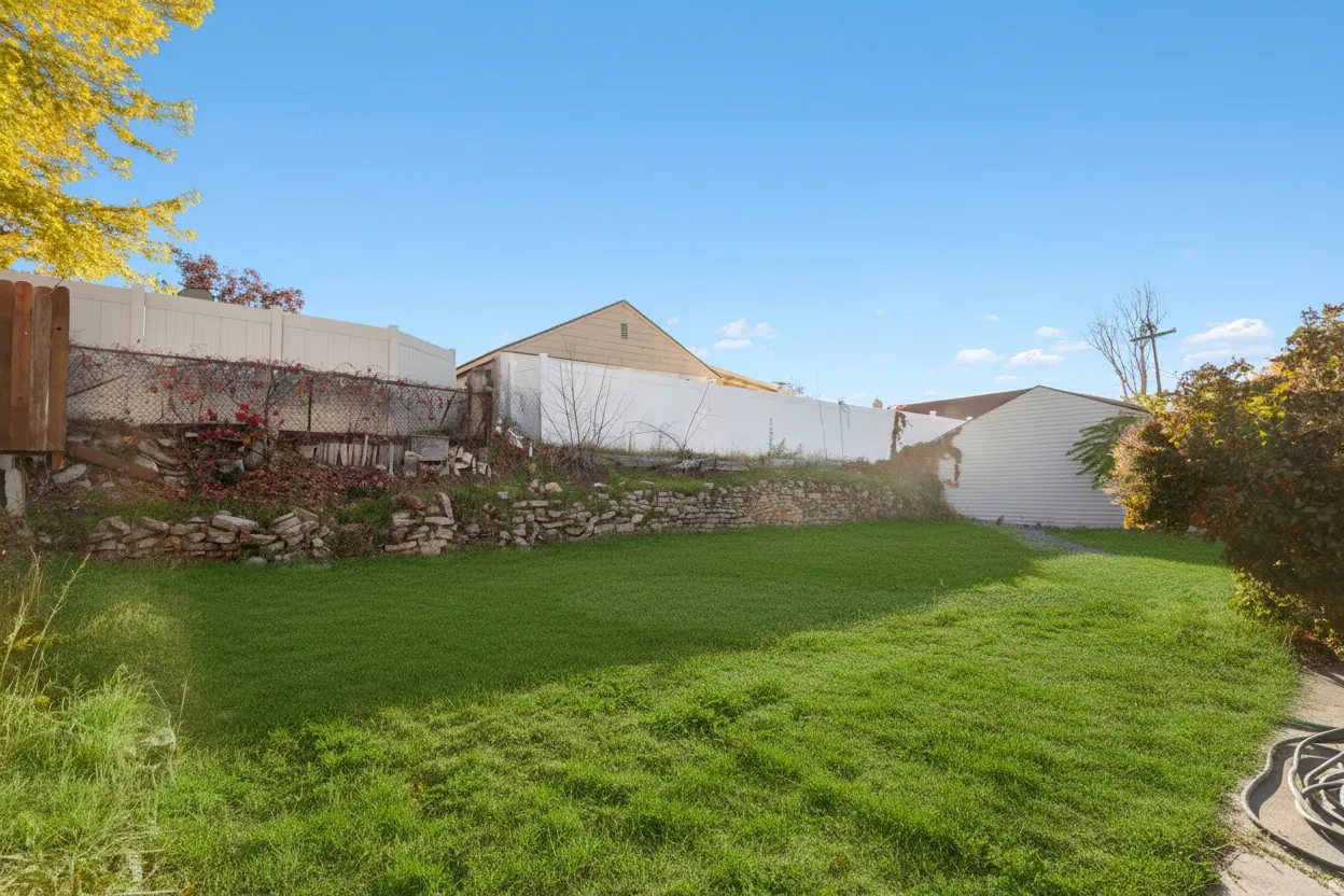 View of fenced backyard with AI-staged lawn