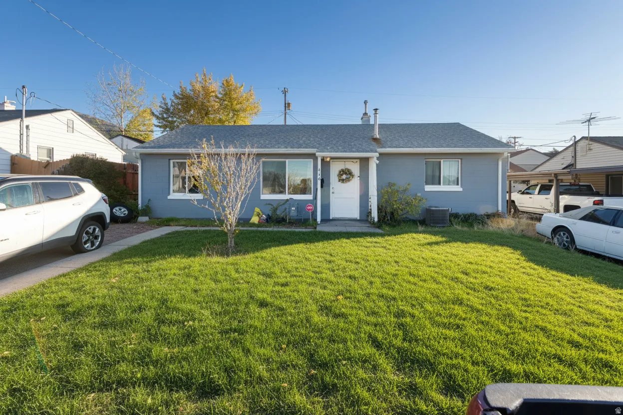 AI-staged lawnBungalow-style home featuring a shingled roof and a front yard