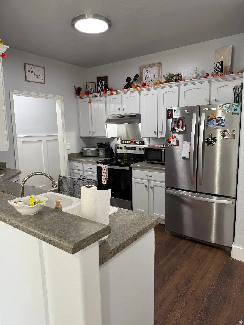 Kitchen with stainless steel appliances, dark wood-style flooring, white cabinetry, dark countertops, and a peninsula